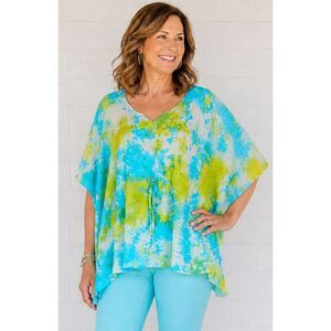 New Sacred Threads One Size Aqua Tie-Dye Pullover Rayon Kaftan Poncho Top